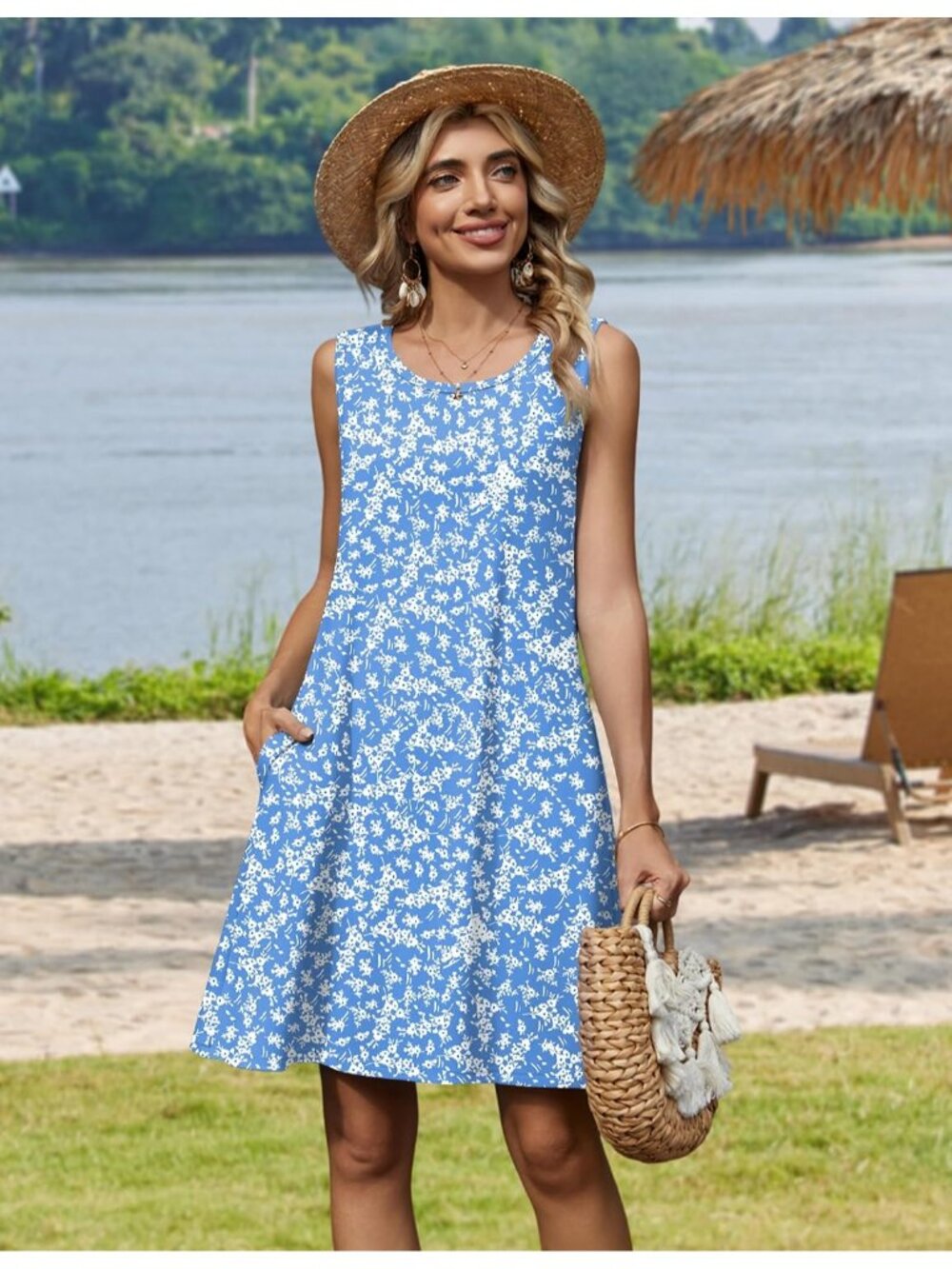 〽️Blue Floral Sleeveless Swing Dress Women’s Crewneck A Line Summer Mini - Picture 3 of 6